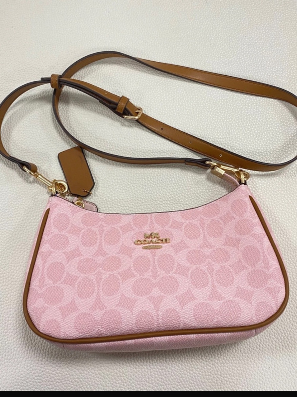 Coach Pink Signature Jacquard Shoulder Bag with Tan Strap